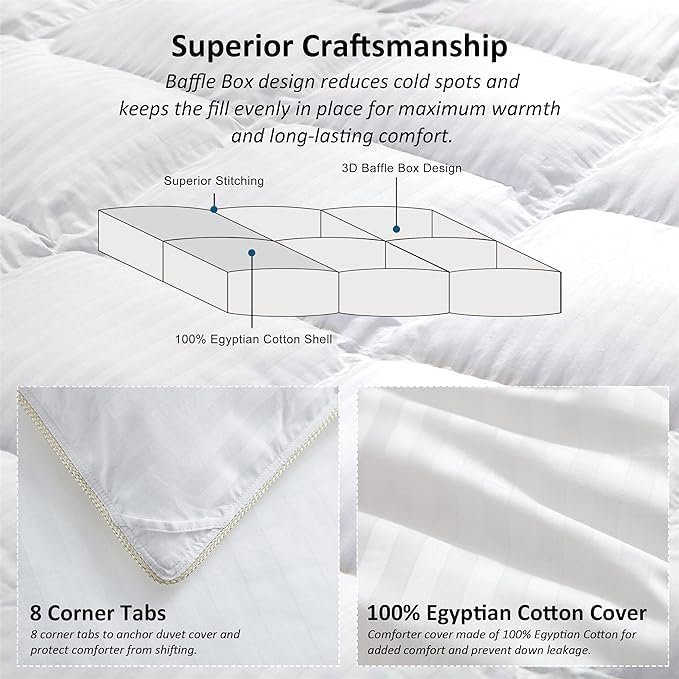Luxurious All-Season Goose Down Feather Fiber Comforter Duvet Insert, Exquisite Palatial King White Stripe Design, 120" x 98 ", Premium Baffle Box, 100% Cotton Down Proof Fabric, 75 oz. Fill Weight - Image 6
