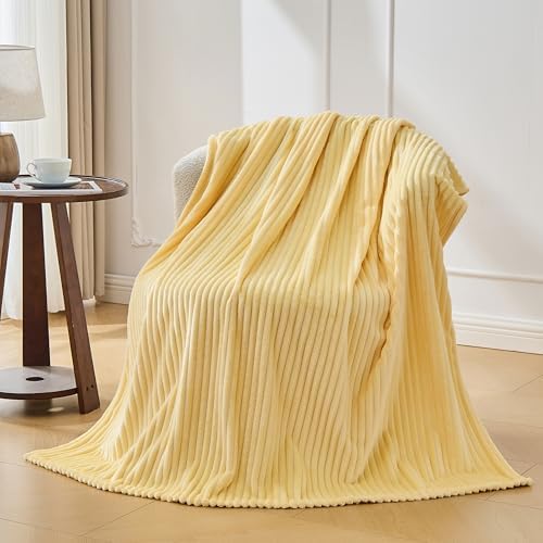 Bnuitland Light Yellow Fleece Throw Blanket for Couch, 300GSM Soft Warm Cozy Fluffy Throw for Adults & Kids, Stripe Pattern 50"x70", All Season Sofa Bed Blanket for Home Decor - Image 4