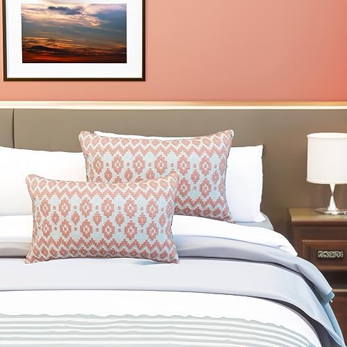 Throw Pillow Cover Embroidered 1pc Summer Couch Accent Decorative Lumbar Pillowcase, Peach 12x20 Empire Diamonds Patterned Peachy Pink and White Motif Nectar Boho Geometric Bolster Cushion Cover - Image 5