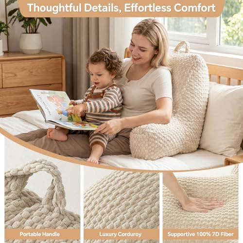 Reading Pillow with Arms for Sitting in Bed,22" Backrest,White Corduroy,XL - Image 4