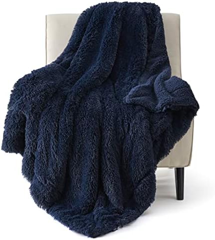 Bedsure Faux Fur Fluffy Sherpa Blanket Couch Throw Navy Blue 50"x60" by Unknown
