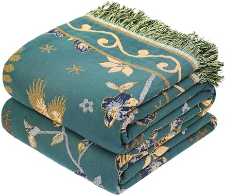 VANJOROY Boho 100% Organic Cotton Muslin Large Throw Blanket 60" x 80" - All Season Rustic Ultra Soft Breathable Floral Bird Blanket for Bed Sofa Couch Chair Bedspread Quilt Gift,-Teal/Green by CHOOSEVANJOROYENJOYAMORECOMFORTABLEFEELING