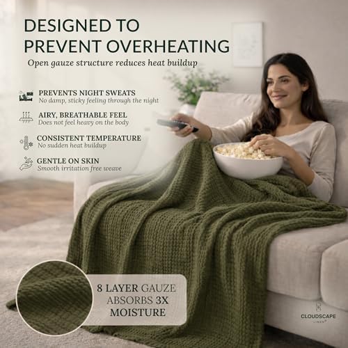 CLOUDSCAPE 8 Layer 100% Cotton Muslin Throw for Sofa 50"x70" - Olive Green - Image 4