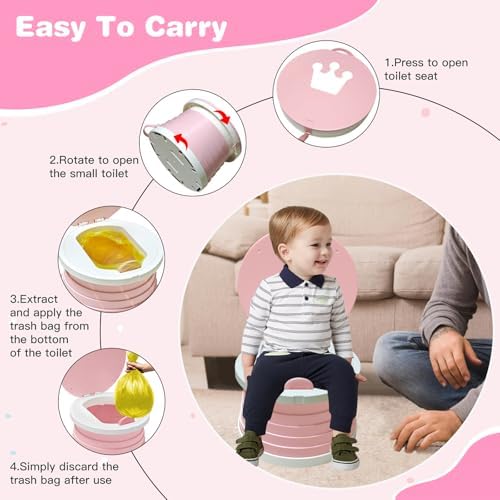 Portable Potty for Toddlers, Foldable Travel Potty with 5-Second Fold, Splash-Proof, Standalone Emergency Toilet with 3 Roll Waste Bags, Road Trips, Camping, Car, Outdoor (Pink) - Image 5