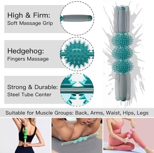 Fascia Muscle Roller, Cellulite Massager Fascia Roller for Cellulite and Sore Muscles, Leg, Back, Pressure Trigger Point Body Roller Deep Tissue Massage Stick Tools, 3 Massage Balls, Dark Green - Image 4