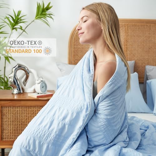 Cozy Bliss Seersucker Cooling Comforter King Size, Q-Max 0.45 Reversible Lightweight Cooling Blanket, Breathable Silk Smooth Summer Bedding Quilt for Hot Sleepers Night Sweats Cold Blue - Image 4