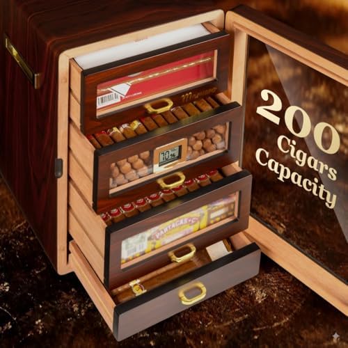 200-Count Ebony Cigar Humidor Cabinet with Digital Hygrometer, LED - Image 6