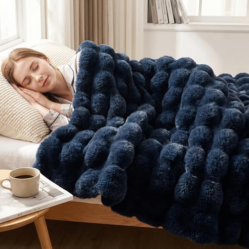 DREAMNINE Soft Faux Bubble Rabbit Fur Blanket Queen Size, Thick Cozy Decorative Warm Fuzzy Fur Blanket for Bed Couch Sofa Chair Bedroom Living Room Dorm Gift, 80 * 90 Inches, Navy Blue - Image 2