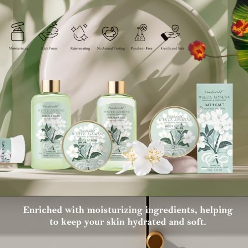 Bath Gift Baskets for Women, 9pc Jasmine Spa Gifts Set for Women, Self Care & Body Relaxing, Birthday Gift Basket, Mother's Day Gifts, Christmas, Anniversary Bath Gift Set - Image 3