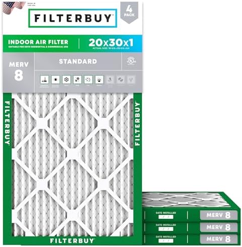 Filterbuy 20x30x1 Air Filter MERV 8 Dust & Allergy Defense (4-Pack) by Filterbuy