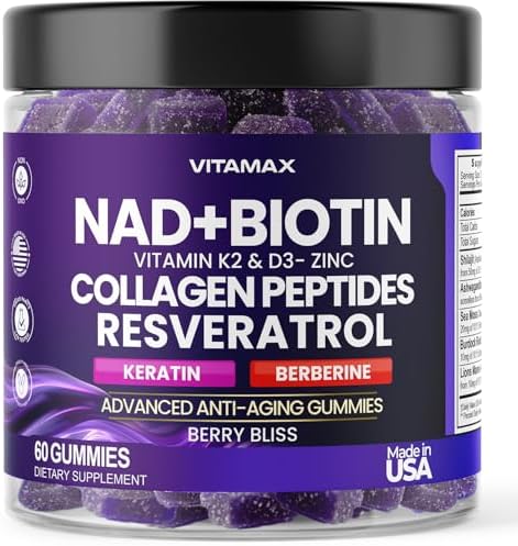 NAD+, Resveratrol, Berberine, & Biotin Anti-Aging Gummy - Hair, Skin, Nails & Joint Supplement - Collagen Peptides, Keratin, Zinc, Vitamin K2 & D3 Gummies -Regeneration- Non-GMO - Made in USA 60 Count by Vitamax