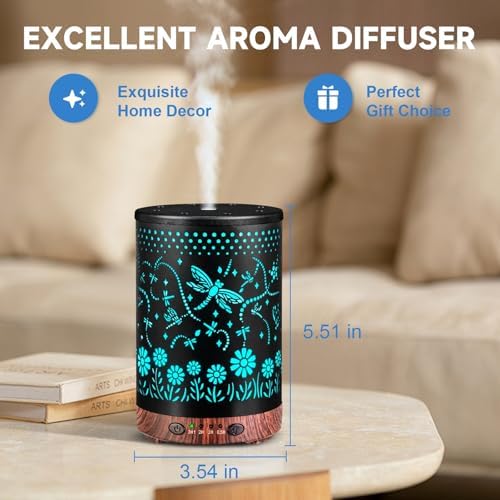 Essential Oil Diffuser 120ML Metal Aromatherapy Diffuser with Timer, Cool Mist Humidifier with Auto Shut-Off & 7 Color Lights for Home Office Spa (Dragonfly) - Image 5