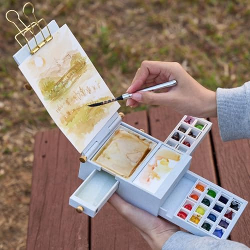 LIGHTWISH Travel Watercolor Palette Box, All-in-One Portable Watercolor Kit with 24 Empty Removable Grids,Handmade Ceramic Palette,Watercolor Cup and Universal Bracket Interface,Great Plein Aire Set - Image 2