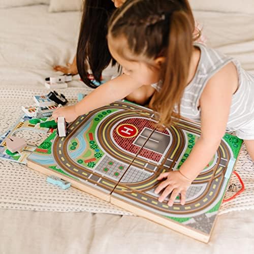 Melissa & Doug 18-Piece Wooden Take-Along Tabletop Town, 4 Rescue Vehicles, Play Pieces, Bridge - Image 5