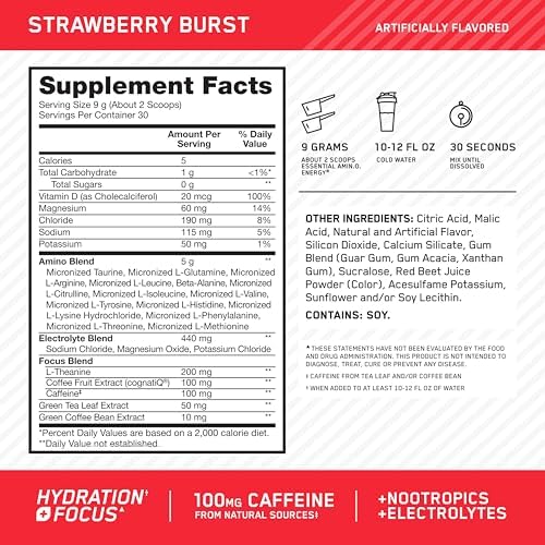 Optimum Nutrition Amino Energy Powder Plus Focus, with BCAA, Electrolytes, and Caffeine, Juicy Strawberry, 30 Servings (Packaging May Vary) (Pack of 6) - Image 2