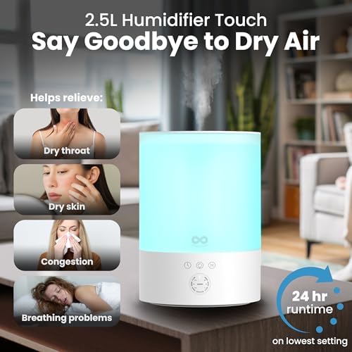 Everlasting Comfort 2.5L Top Fill Humidifier for Bedroom – 28dB Ultra-Quiet, Easy to Fill & Clean, 24HR Runtime, Night Light, Timer, Ultrasonic Cool Mist, Auto Shut-Off for Indoor Use - Image 2