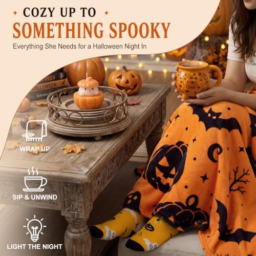 Willinglong 11 Pcs Halloween Basket Gifts for Women- Boo Gift Set with Scented Candle Mug Flannel Blanket Socks Sleep Mask Bracelet Hair Accessories Greeting Card for Mom Coworker Wife - Image 5