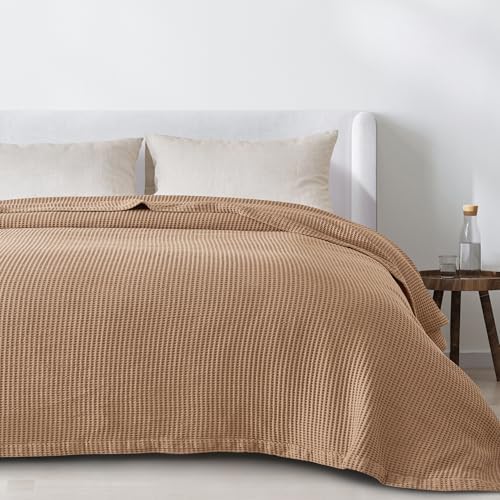100% Cotton Taupe Blanket Full/Queen Size for Bed - Breathable and Soft, Waffle Weave for Summer Spring, 90x90 Inches (Toffee) - Image 6