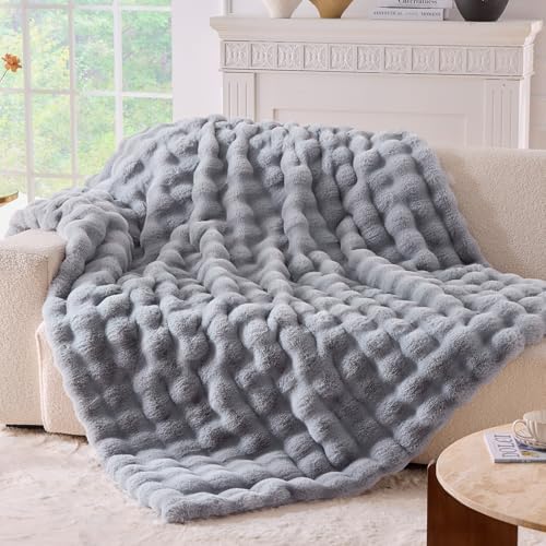 BENVWE Fluffy Faux Fur Throw Blanket for Couch, Soft Plush Thick Cozy Fuzzy Luxury Minky Bubble Blanket for Home Living Room Decor Gift for Women, Light Grey, 63" x 80", 1100GSM by BENVWE