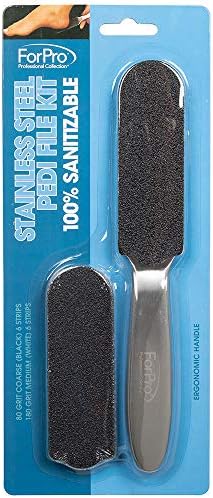 ForPro Professional Collection Stainless Steel Pedi File Kit - 100% Sanitizable Pedicure File for Heels and Feet - Includes Six Black 80 Grit and Six White 180 Grit Refill Strips- 8.5" L by ForProProfessionalCollection