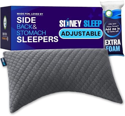 Sidney Sleep Adjustable Curved Pillows for Neck and Shoulder Support with Extra Shredded Fill - Cervical Contour Pillow for Side and Back Sleepers. Standard Size 19" x 26" CertiPUR-US Certified (Grey) by SidneySleep