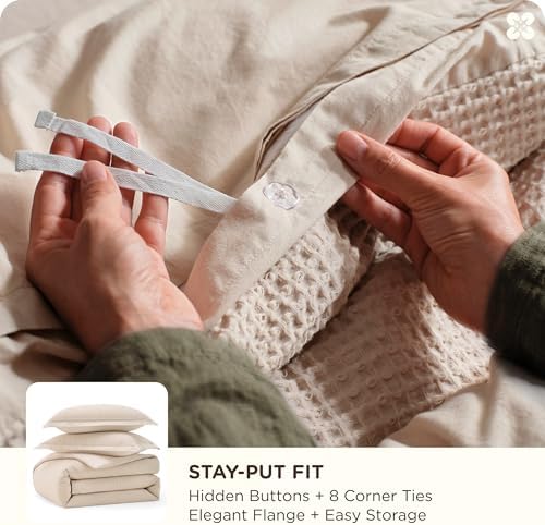 Bedsure PureWoven 100% Cotton Waffle Weave Duvet Cover Set, 3 Pieces, Beige - Image 5