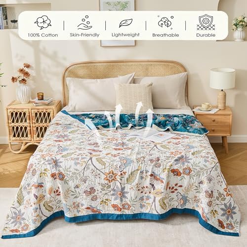 VANJOROY Boho Throw Blanket, 100% Organic Cotton Breathable Ultra Soft 91" x 108" King Bed Quilt Throw - All Season Floral Rustic Farmhouse Decor Luxury Blanket for Sofa Couch Chair and Gift - Image 3