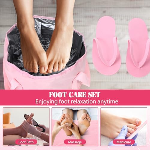 FillTouch 6 Sets Pink Foldable Foot Bath Kit with 15L Foot Soaking Tub Collapsible Towels Women Adult Foldable Slippers Portable Bag Spa Soak Pedicure Bath for Spa Party Sleepover Party Supplies - Image 5