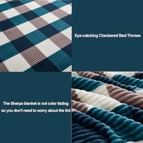 PU MEI Sherpa Blanket Twin Plaid Thick Bed Blanket, 90”*80” Super Soft Flannel Fuzzy Fleece Reversible Velvet Plush Warm Blanket for Couch (Teal Check, 80"*90") - Image 3