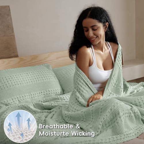 PHF Lightweight 100% Cotton Waffle Blanket for Bed, Queen, Mint Green - Image 3