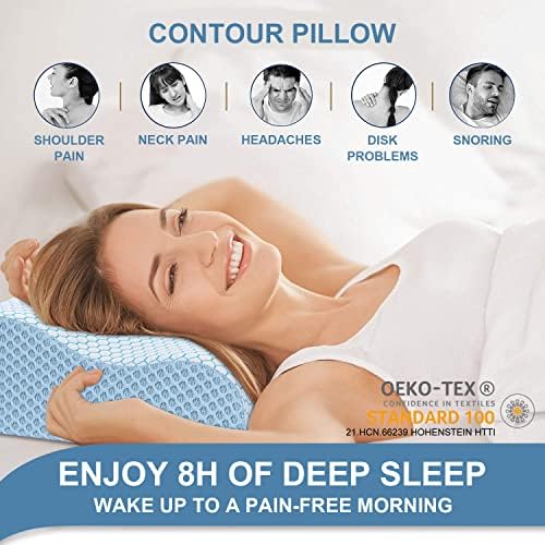 Anvo Memory Foam Pillow, Neck Contour Cervical Orthopedic Bed Pillow for Sleeping Side Back Stomach Sleeper, Ergonomic Design for Neck and Shoulder Pain Relief, Blue White, Firm - Image 4