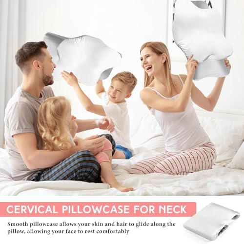 Hahafelt Cervical Neck Pillowcase (Only Pillowcase) Satin Pillow Cover with Zipper Ergonomic Contour Pillow Cover for Side Back Stomach Sleepers(White and Gray,Standard Size) - Image 6