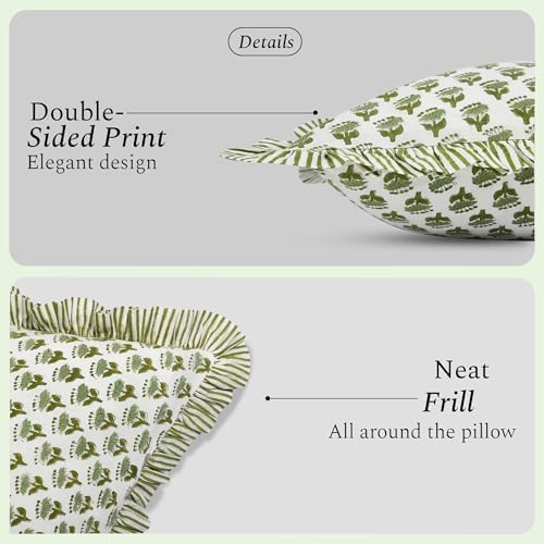 CPC Block Print Ruffle Throw Cover Emerald Green 24"x24" Inch Pack of 2-100% Cotton Ruffle Couch Decorative Boho Pillows Case for Living Room, Bedroom, Sofa, Farmhouse Gift for Spring, Mother's Day - Image 2
