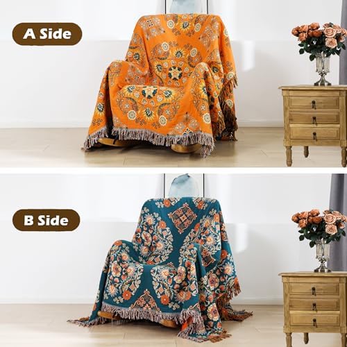 VANJOROY Boho Large Throw Blanket, 100% Organic Cotton Breathable Soft Bed Throw - Floral Farmhouse Decor Blanket for Sofa Couch Chair and Gift. 91" x 98"- Orange - Image 6