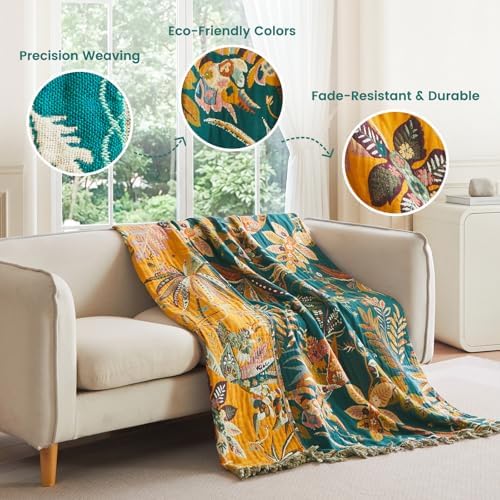 MSGKV Boho Throw Blanket 60"x80" 100% Cotton Floral Muslin Blanket for Sofa - Image 3