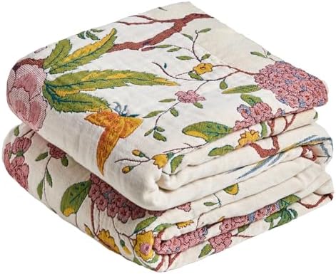 MSGKV Boho Throw Blanket 60"x80" Cotton Chinoiserie Bird Blanket for Couch by MSGKVHomeTextiles