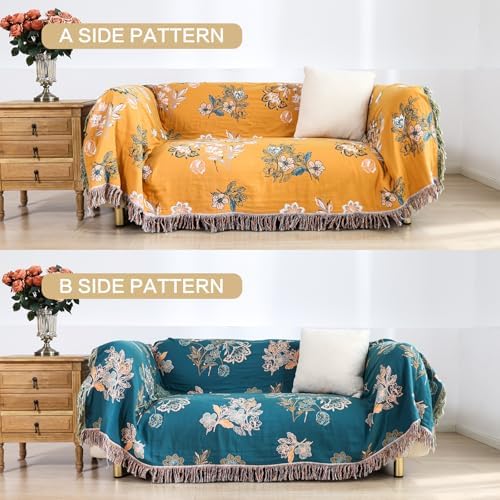 VANJOROY Boho Throw Blanket, 100% Organic Cotton Breathable Skin-Friendly Ultra Soft 50" x 60" Bed Yellow Throw - Floral Rustic Decor Luxury Reversible Blanket for Sofa Couch Chair and Gift, - Image 6