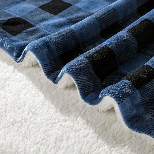 Elegant Comfort Luxury Ultra-Plush Velvet Touch Buffalo Plaid Fleece Throw - Soft, Warm, Cozy Micromink Sherpa-Backing Reversible Blanket for Bed, Sofa and Couch, Buffalo Blue - Image 3