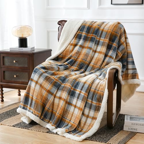 PU MEI Sherpa Blanket Queen Plaid Thick Bed Blanket, 80”*90” Super Soft Flannel Fuzzy Fleece Reversible Velvet Plush Warm Blanket for Couch (Blue Yellow Check) - Image 2