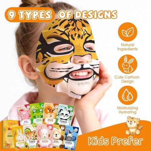 9 Pack Animal Face Masks Skincare for Kids, Spa Party Gifts for Teen Girls - Image 2
