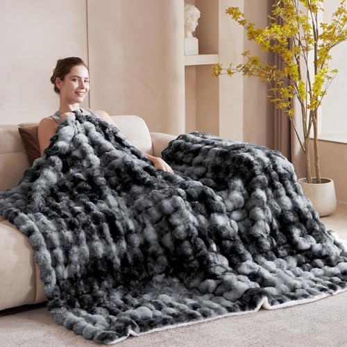60x80 Inches Ultra-Soft Fuzzy Faux Fur Plush Twin Size Blanket - Thick, Warm Sherpa for Couch, Sofa, Bedroom, Camping - Decorative Blanket for Cozy Warmth, Bubble Black Tie Dye - Image 2