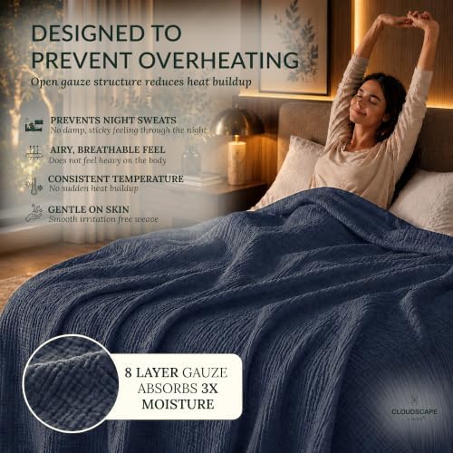 CLOUDSCAPE 8 Layer 100% Cotton Muslin Blanket Twin 68"x92" - Ensign Blue - Image 3