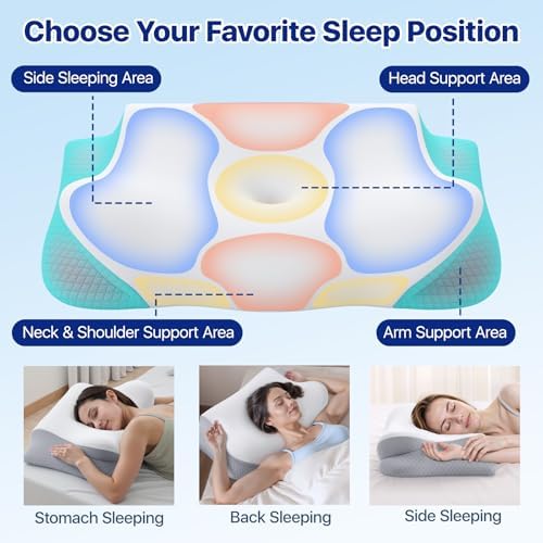 Memory Foam Neck Pillow - Ergonomic Contour Cervical Neck Pillow for Side Back Stomach Sleepers, 2-in-1 Orthopedic Neck Support Pillow with Cooling Pillowcase - Image 4
