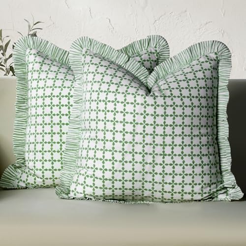 CPC Kelly Green Hand Block Print 100% Cotton Ruffle Throw Pillow Cover 18x18 inch with Hidden Zipper Decorative for Couch, Bed, Sofa, Farmhouse, Cottagecore Decor Gift Christmas Fall Thanksgiving by COTTONPRINTCLUB