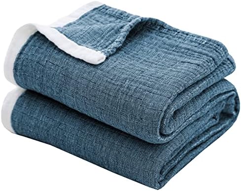 SE SOFTEXLY Muslin Throw Blanket, 4-Layer Dyed Yarn, 80”x90”, Denim Blue by DefineCozyHealthyLife
