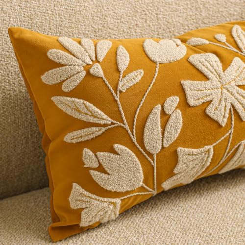 BlissBlush Throw Pillow Cover 20x20 Inch, Mustard Floral Tufted Velvet Decorative Accent Pillow Case for Sofa Bed Living Room, Cover Only - Image 7