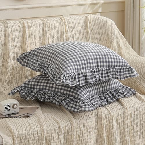 2 Pack Grey/White Plaid Ruffled Throw Pillow Sham 20 x20 inches - Image 4