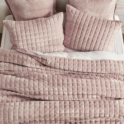 RECYCO Channel Box Stitch Velvet Quilt Set, King Size, Rose Pink - Image 3