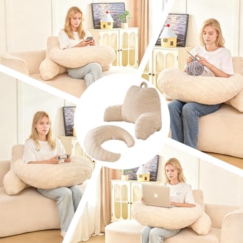 19" Reading Pillow for Bed,U Shaped Arm & Elbow Support,White Corduroy - Image 5