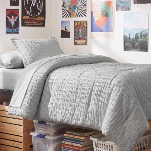 CozyLux Twin XL Comforter Set, 5 Pieces Light Grey Seersucker Bed in a Bag by CozyLux